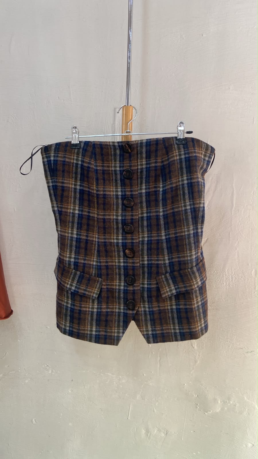 Brown Checkered High-Waist Skirt with Pockets