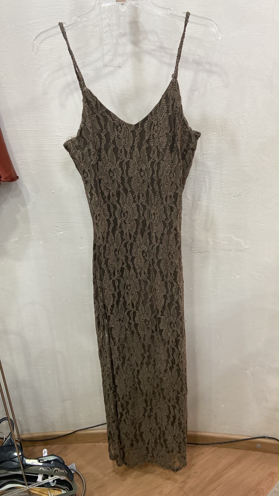 Brown Lace Spaghetti Strap Midi Dress