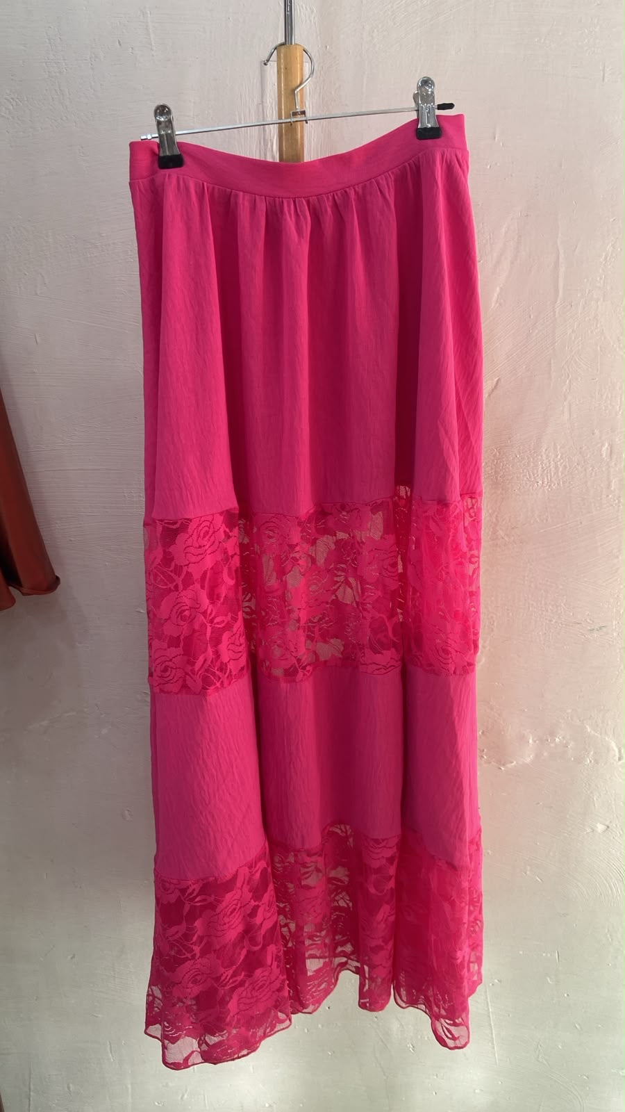 Pink Tiered Maxi Skirt with Lace Detail