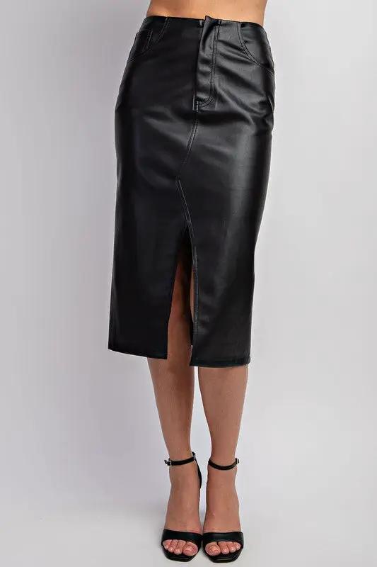 Falda negra de piel midi con bolsillos by Yanet Collection