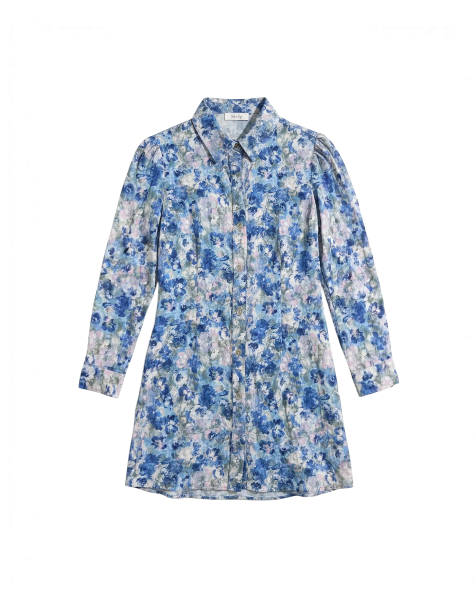 Camisa de botones Yanet Collective con estampado floral azul, manga larga, cuello clásico y tejido ligero.