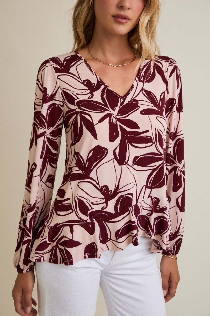 Blusa Beige Manga Larga Flores guinda