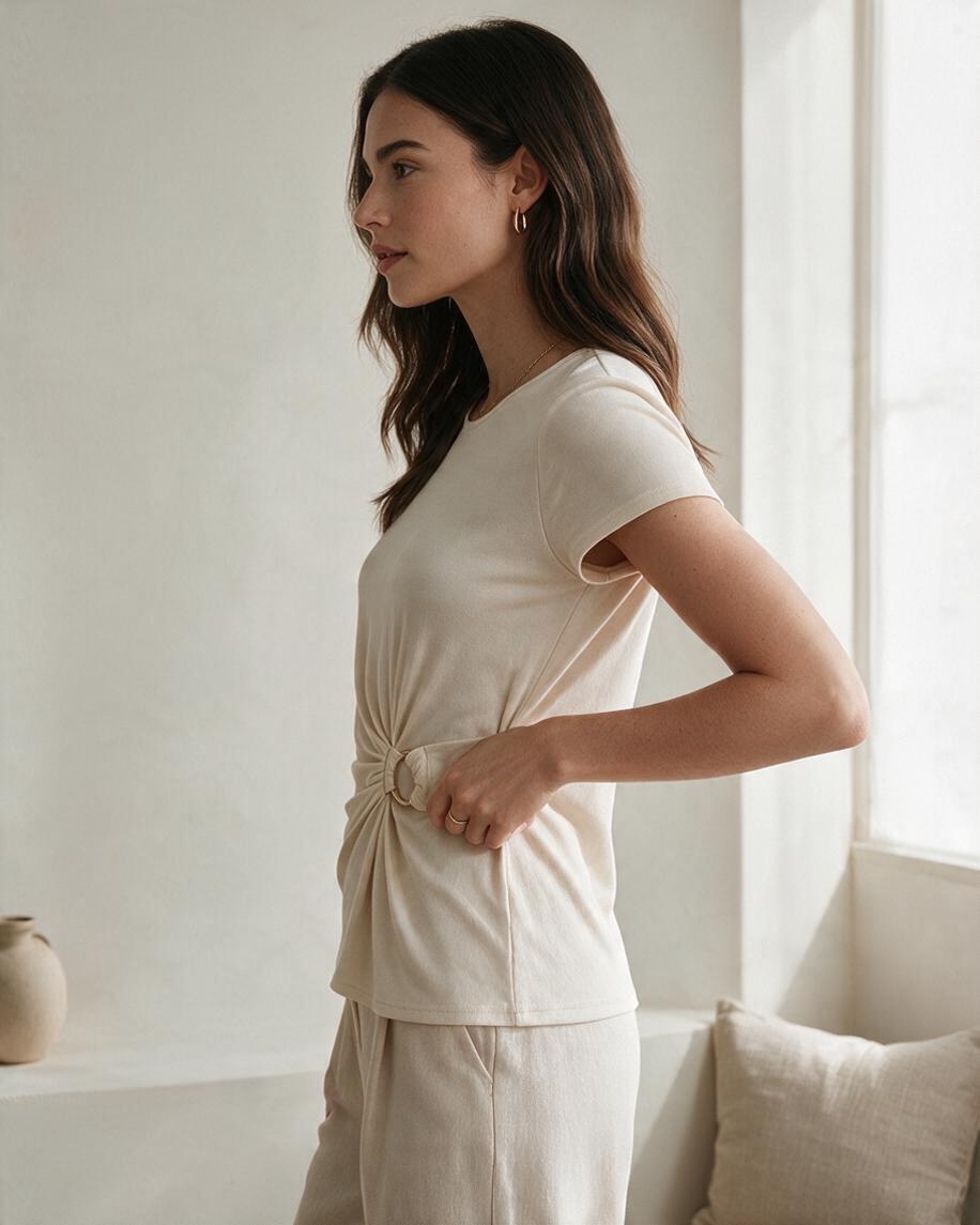 Blusa Crema de Manga Corta con Detalle de Nudo - Estilo Boutique