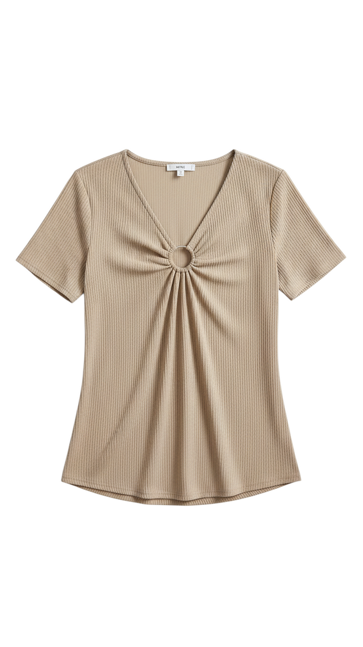 Top Beige de Manga Corta con Detalle de Aro Central