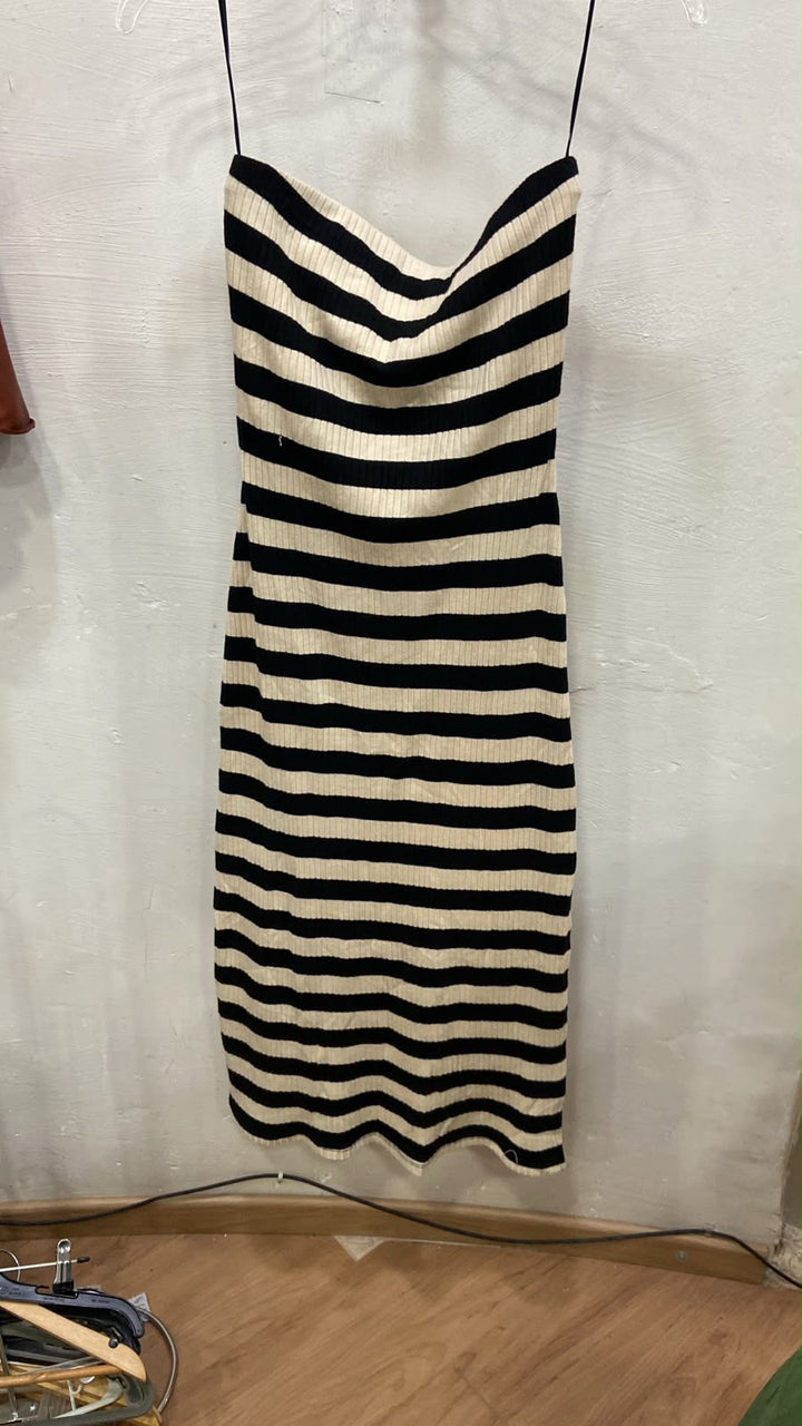 Black and Cream Strapless Bodycon Dress with Stripes