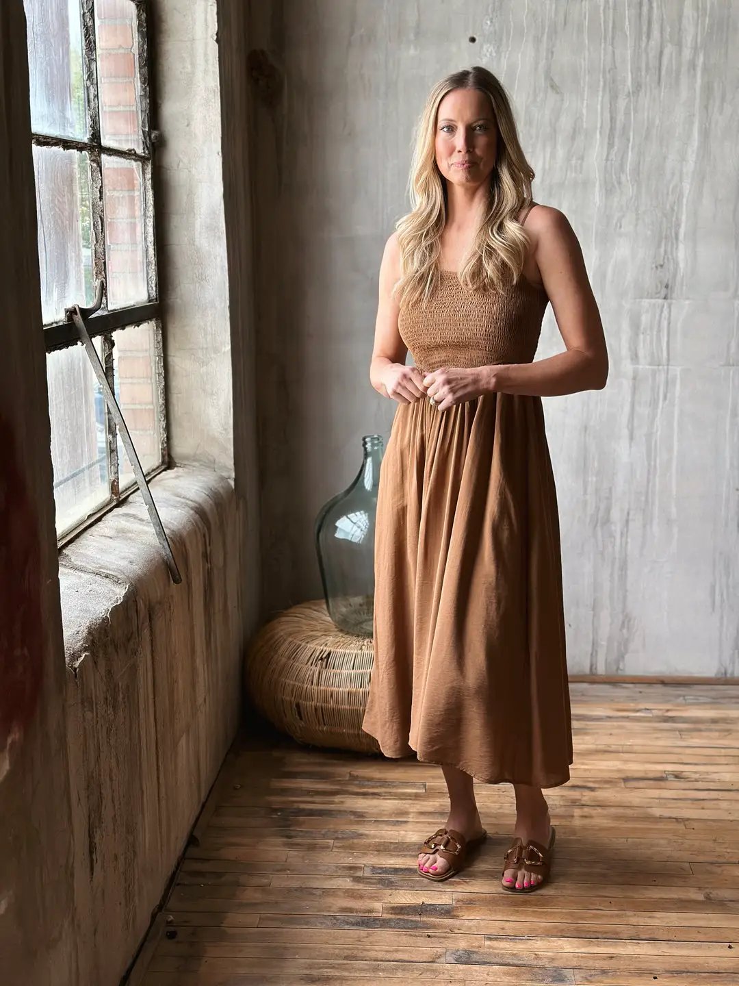 shopblupepper Brown Smocked Basque Waist Spaghetti Strap Midi Dress – A-Line Lined Summer Dress - Dress