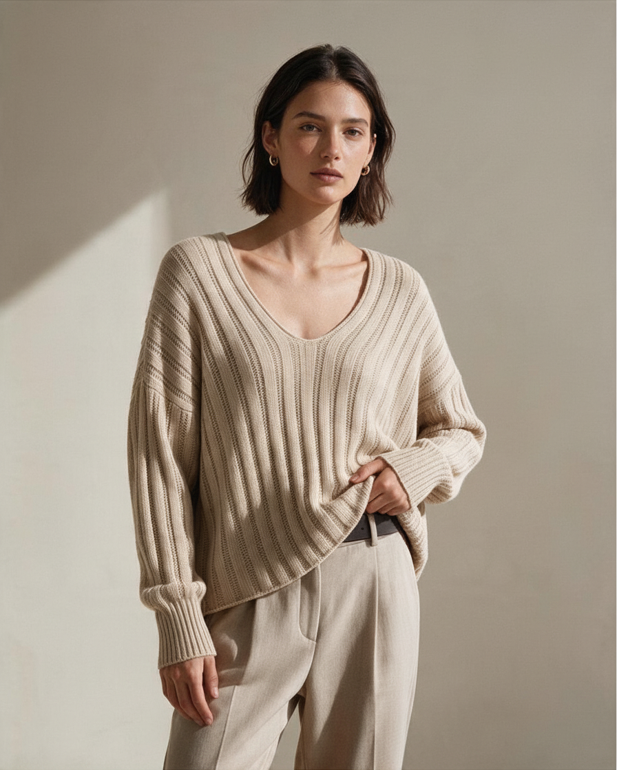 Suéter de Punto Beige con Tejido Abierto - Estilo Boutique