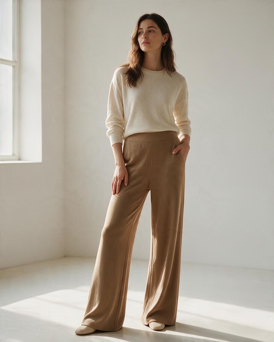 Pantalones Wide-Leg Beige de Tacto Suave: Elegancia Boutique