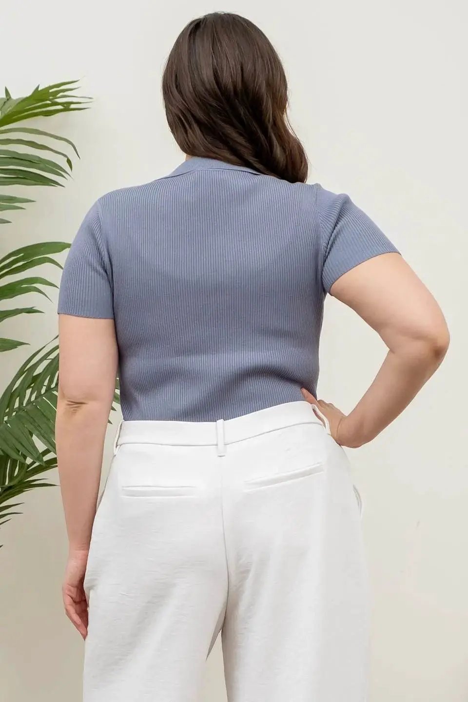 TOP BLUSA AZUL MANGA CORTA CON CUELLO tejido blusa by Yanet Collection