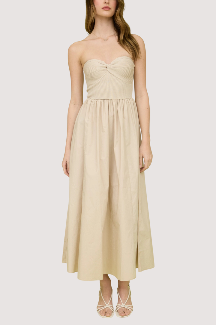 Beige Sleeveless A-Line Dress with Twist Detail