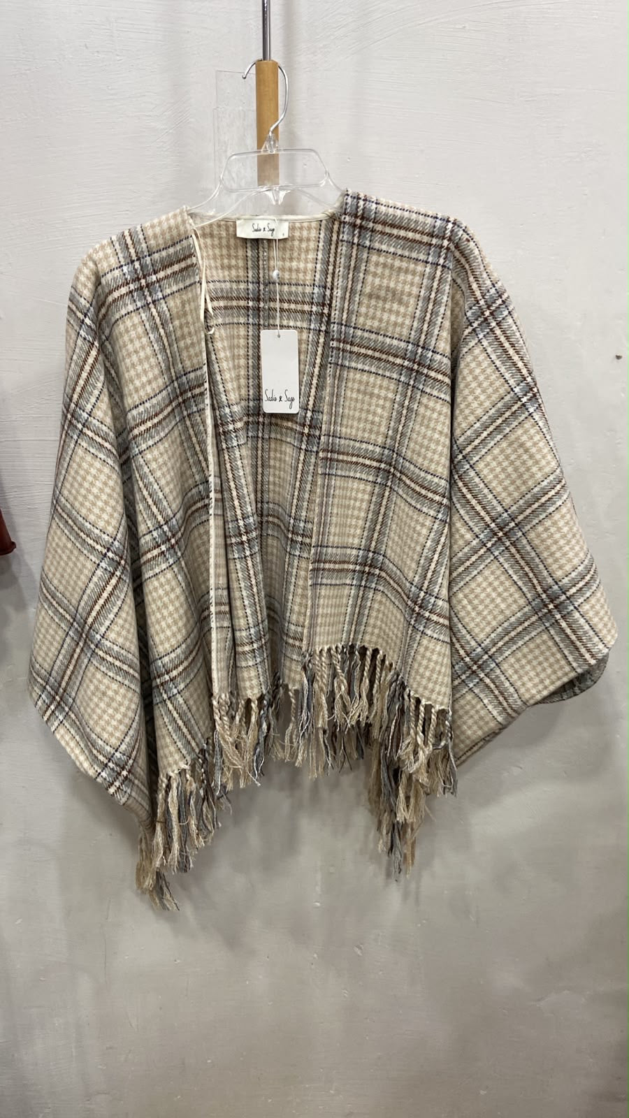 Beige Checkered Open Front Poncho with Fringes