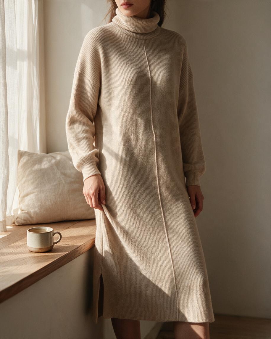 Vestido Midi Beige de Cuello Alto y Aberturas Laterales