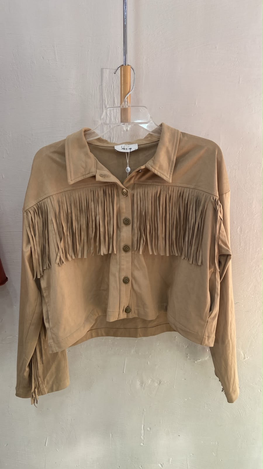 Beige Button-Up Cropped Jacket with Fringe Detail