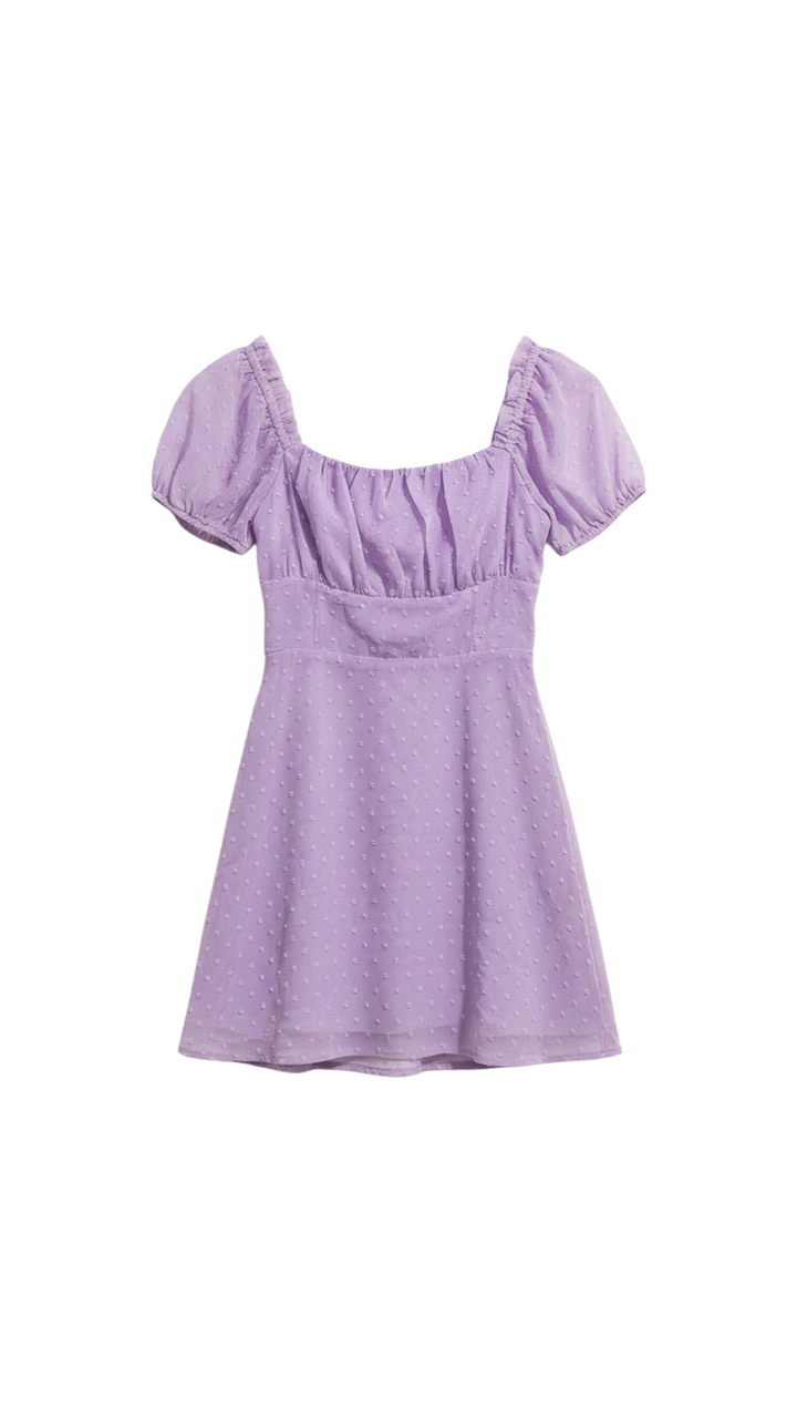 Purple Puff Sleeve Square Neck Top with Polka Dots