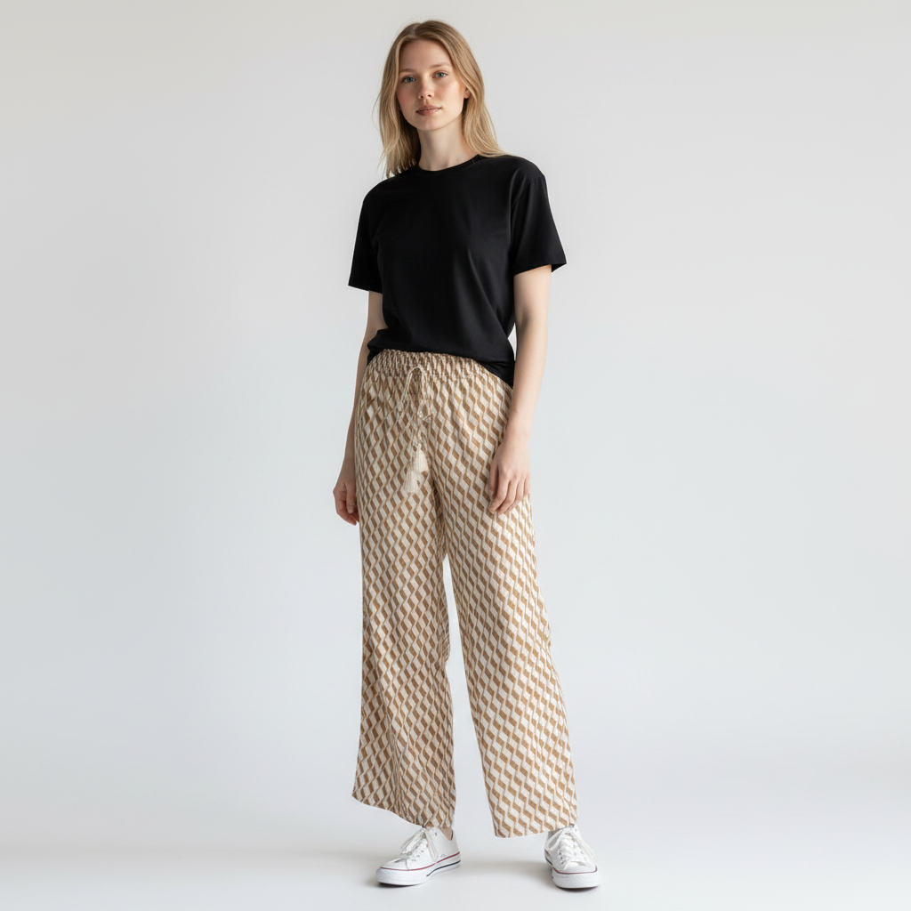 Pantalones Wide-Leg Geométricos en Beige con Borlas - Estilo Boutique