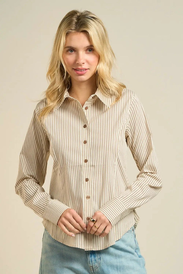 ANWND Camisa de botones de manga larga a rayas color beige - Ropa