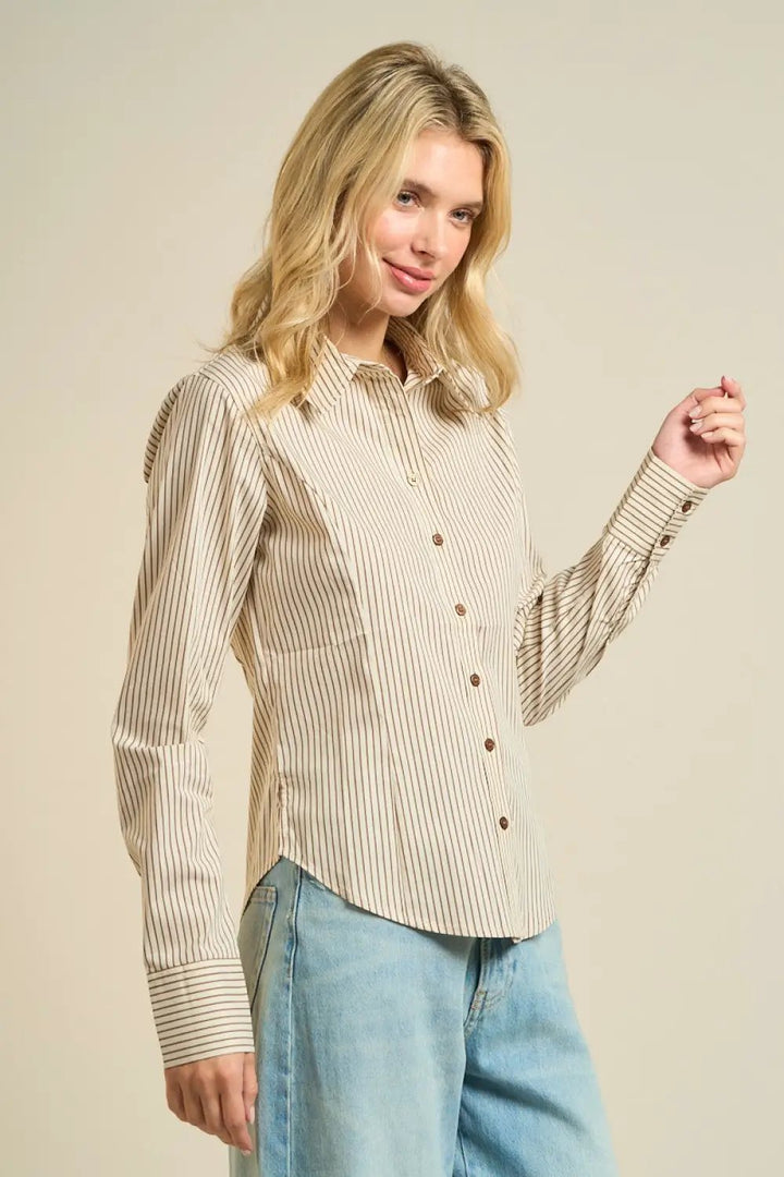 ANWND Camisa de botones de manga larga a rayas color beige - Ropa