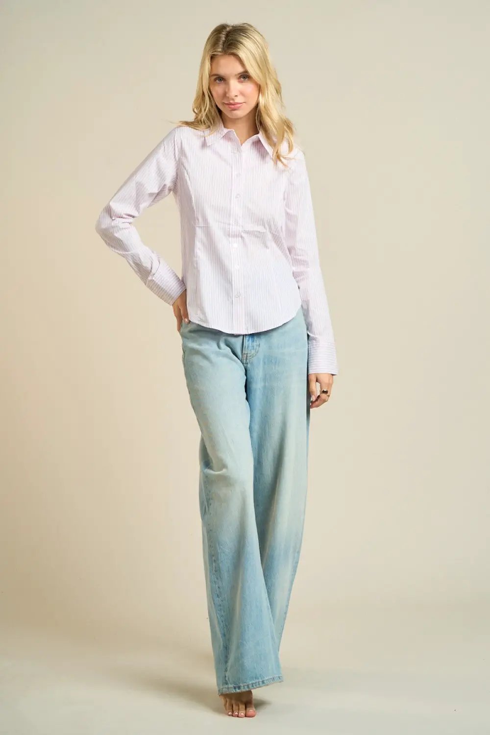 ANWND Camisa de botones de manga larga a rayas color beige - Ropa