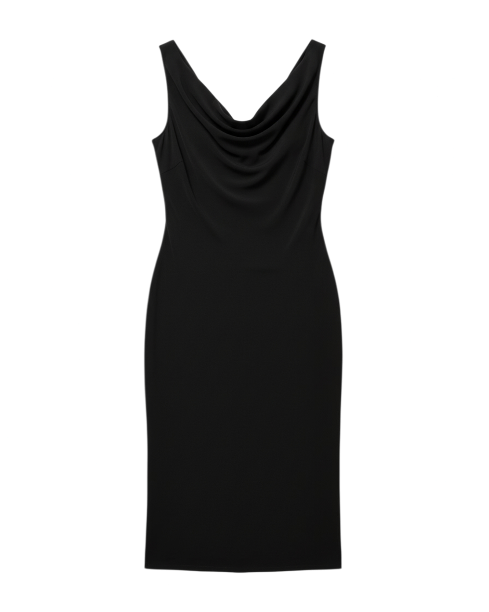 Vestido midi negro Yanet Collective con elegante escote tipo cowl y diseño sin mangas en tela fluida y suave