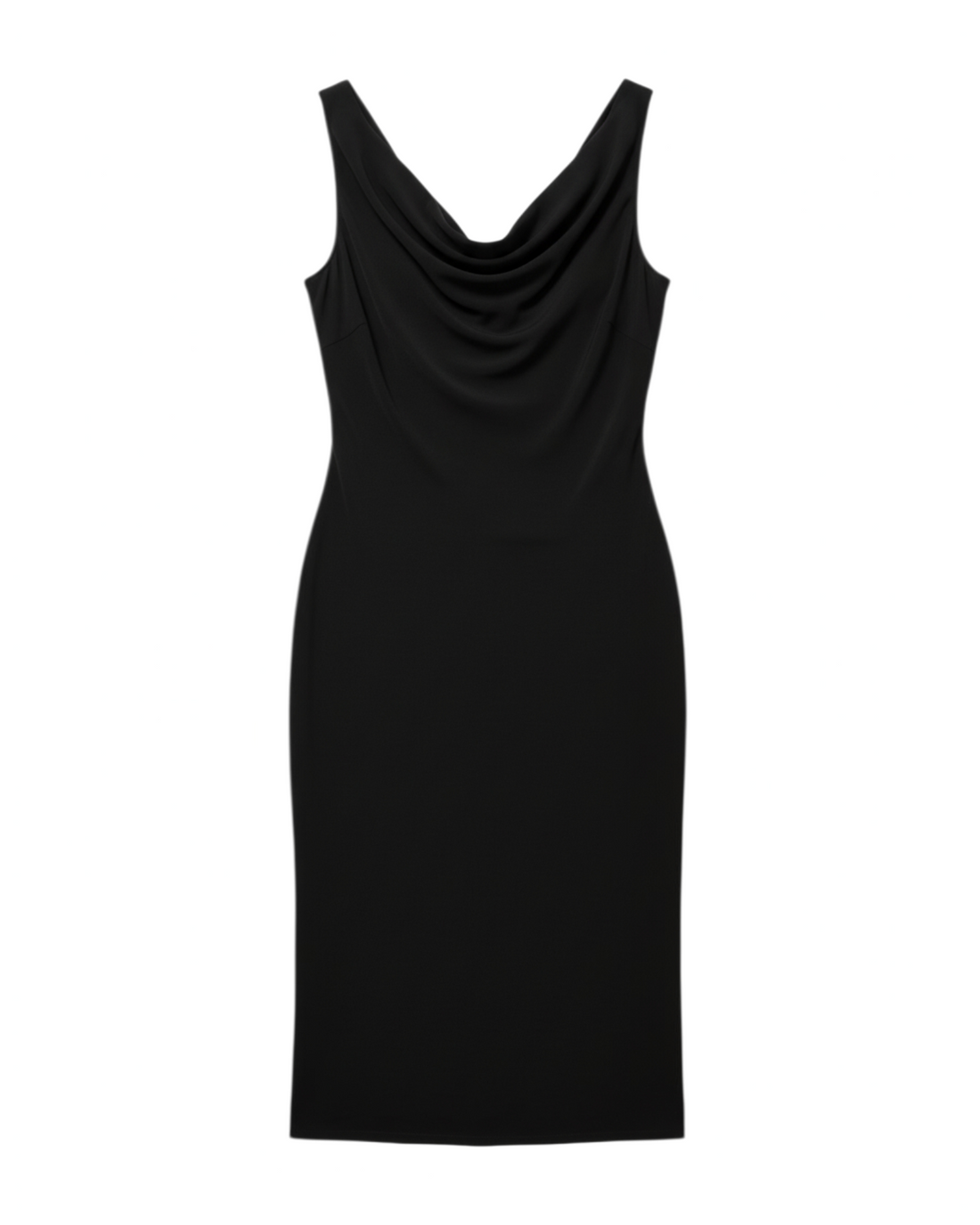 Vestido midi negro Yanet Collective con elegante escote tipo cowl y diseño sin mangas en tela fluida y suave