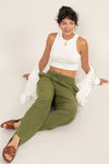 Pantalones de Lino Verde Mujer con Cintura Elástica y Cordón | Pantalón Ligero Casual Dz24c153