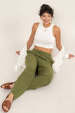 Pantalones de Lino Verde Mujer con Cintura Elástica y Cordón | Pantalón Ligero Casual Dz24c153