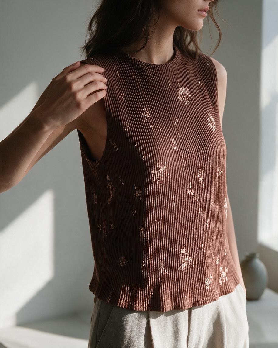 Top Rust Floral sin Mangas con Textura Rib