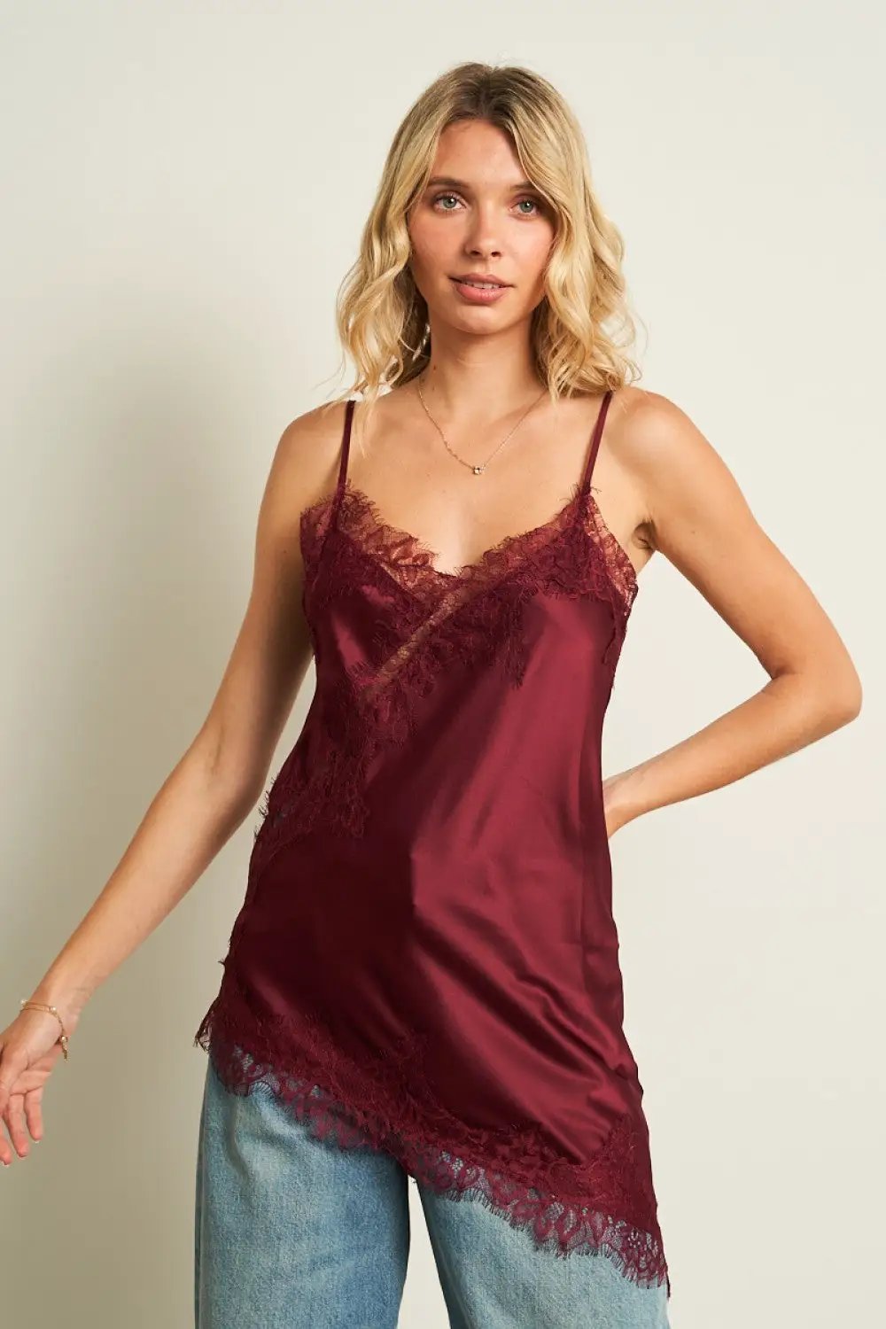 ANWND Ethereal Lace & Satin Asymmetrical Cami | Boutique Collection - LACE ASYMMETRICAL SATIN CAMI TOP