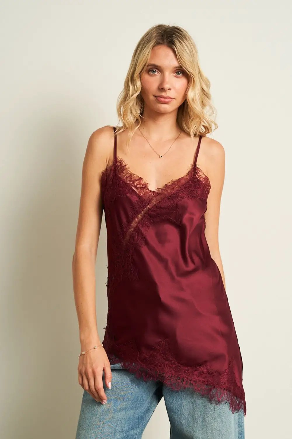ANWND Ethereal Lace & Satin Asymmetrical Cami | Boutique Collection - LACE ASYMMETRICAL SATIN CAMI TOP
