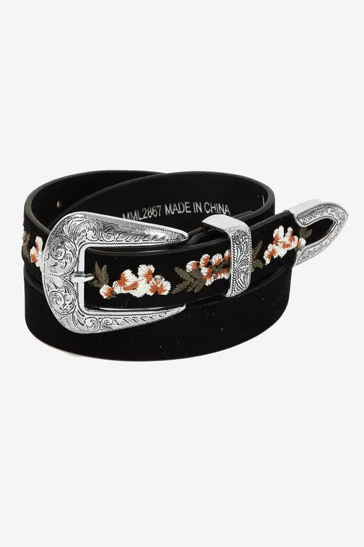 Flower Embroidered Etch Buckle Belt by Fame Accessories