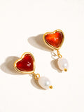 18k Gold Non-tarnish Heart And Pearl Earring Marlon-Red