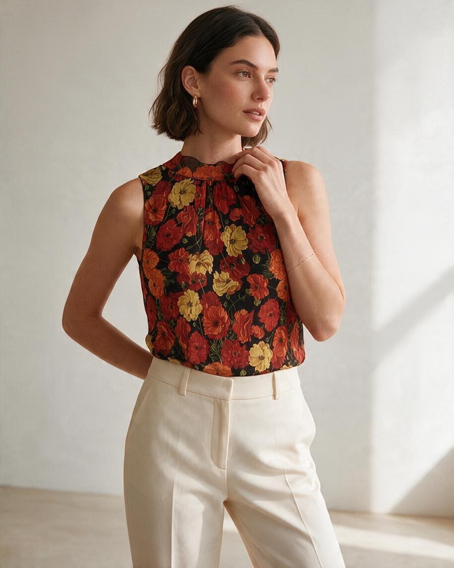 Body Floral Sin Mangas con Base Negra - Estilo Boutique