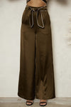 Pantalón Ancho de Satén con Cinturón Cafe