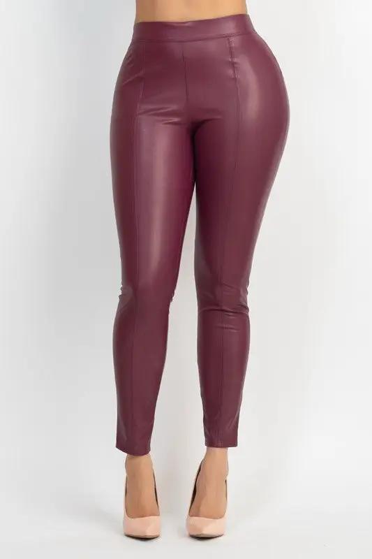 Pantalón de Piel Sintética Ajustado de Cintura Alta para Mujer Burgundy by IRIS