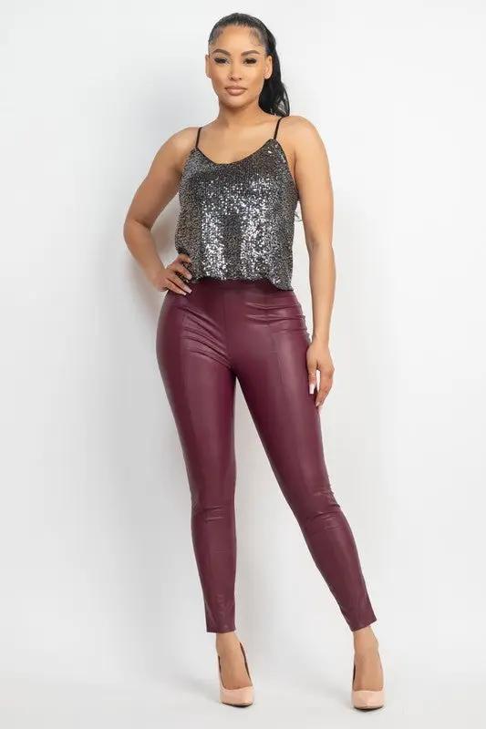Pantalón de Piel Sintética Ajustado de Cintura Alta para Mujer Burgundy by IRIS
