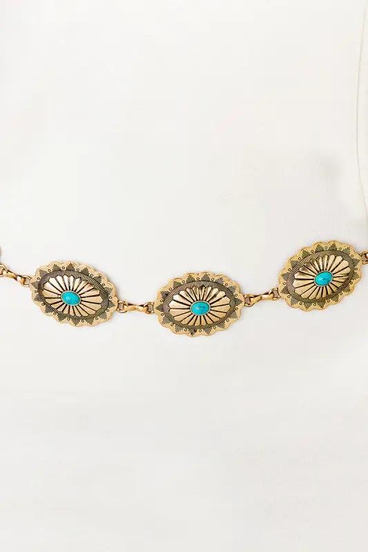 Western Oval Concho Turquoise Chain Belt by Fame Accessories