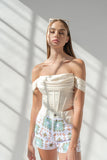 Corset Top con hombros descubiertos y plisados blanco