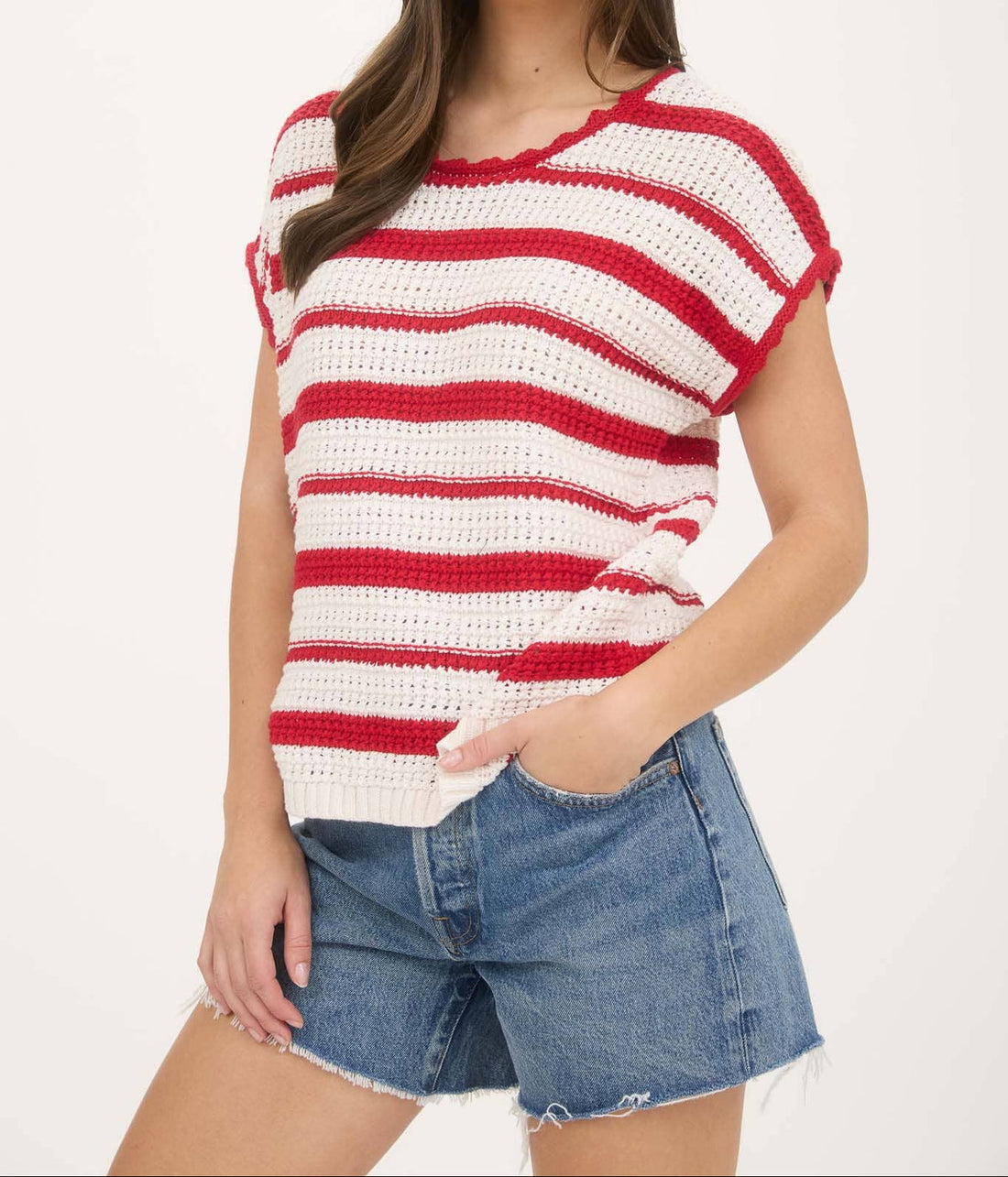 Cream Striped Short Sleeve Sweater with Ruffle Trim
