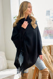 Poncho de Mujer con Cuello Mago y Flecos - Negro Elegante