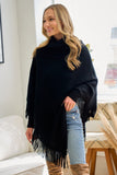 Poncho de Mujer con Cuello Mago y Flecos - Negro Elegante