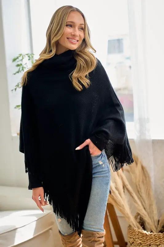 Poncho Tejido Sueter de Mujer con Cuello Mago y Flecos - Negro Elegante by On Blue