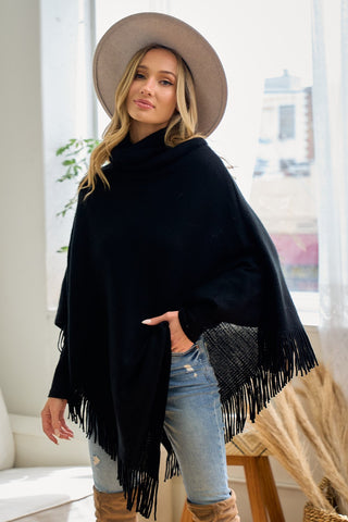 Poncho de Mujer con Cuello Mago y Flecos - Negro Elegante