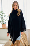 Poncho de Mujer con Cuello Mago y Flecos - Negro Elegante