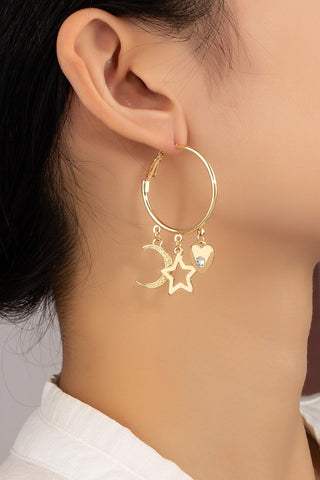 pendientes de aro con charms de coraz—n, estrella y luna