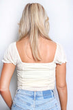 Blusa Top corto fruncido con mangas abullonadas para mujer blanco beige