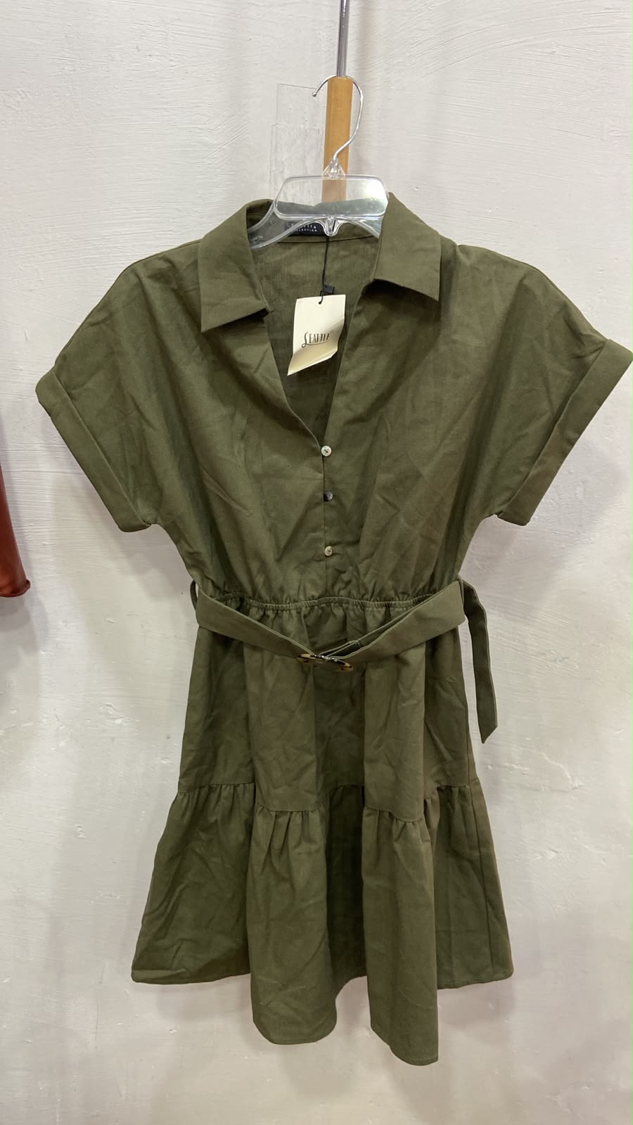 Olive Short Sleeve Button-Up Dress with Belted Waist
