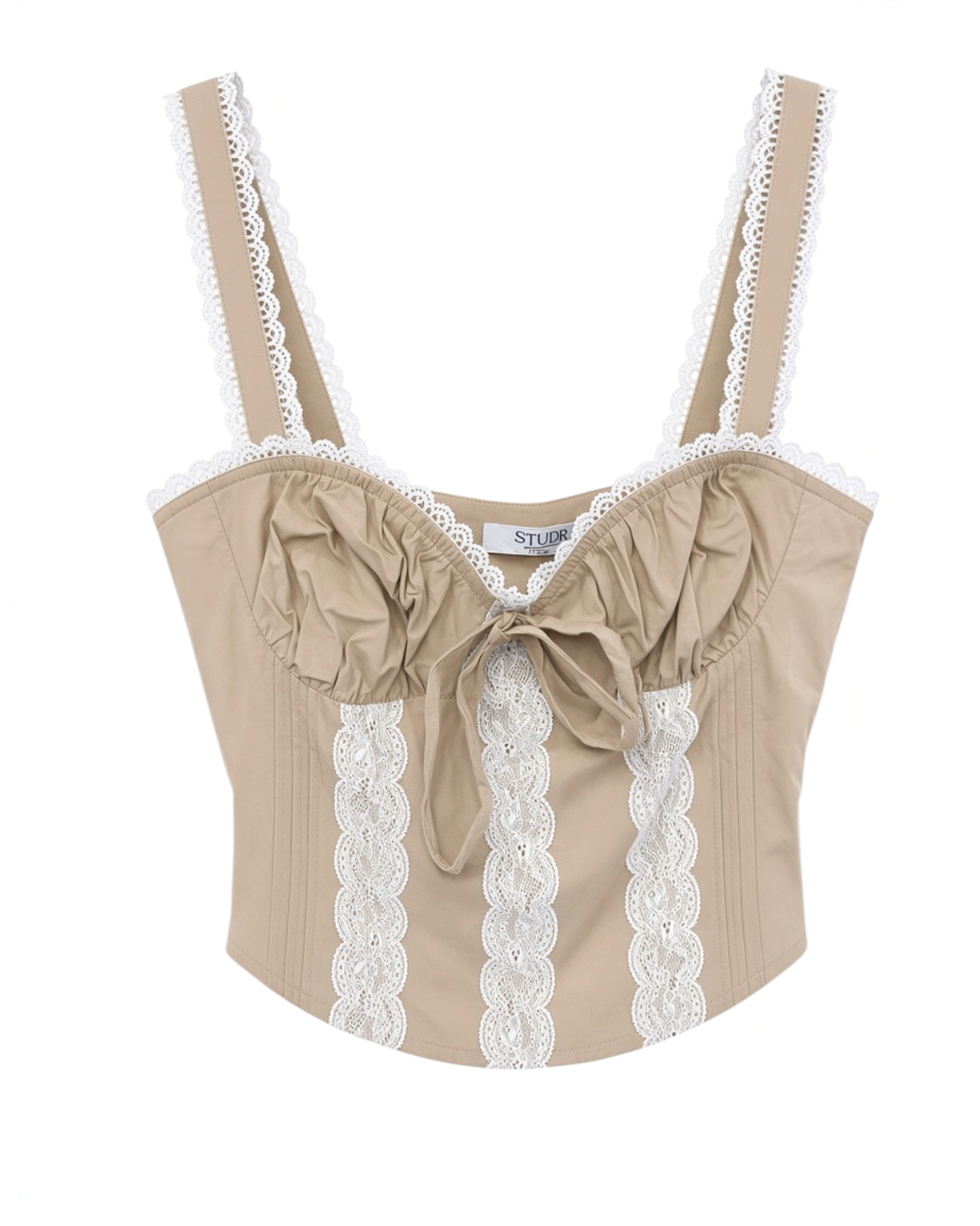 Corset top Yanet Collective beige con tirantes y detalles de encaje blanco romántico en el frente