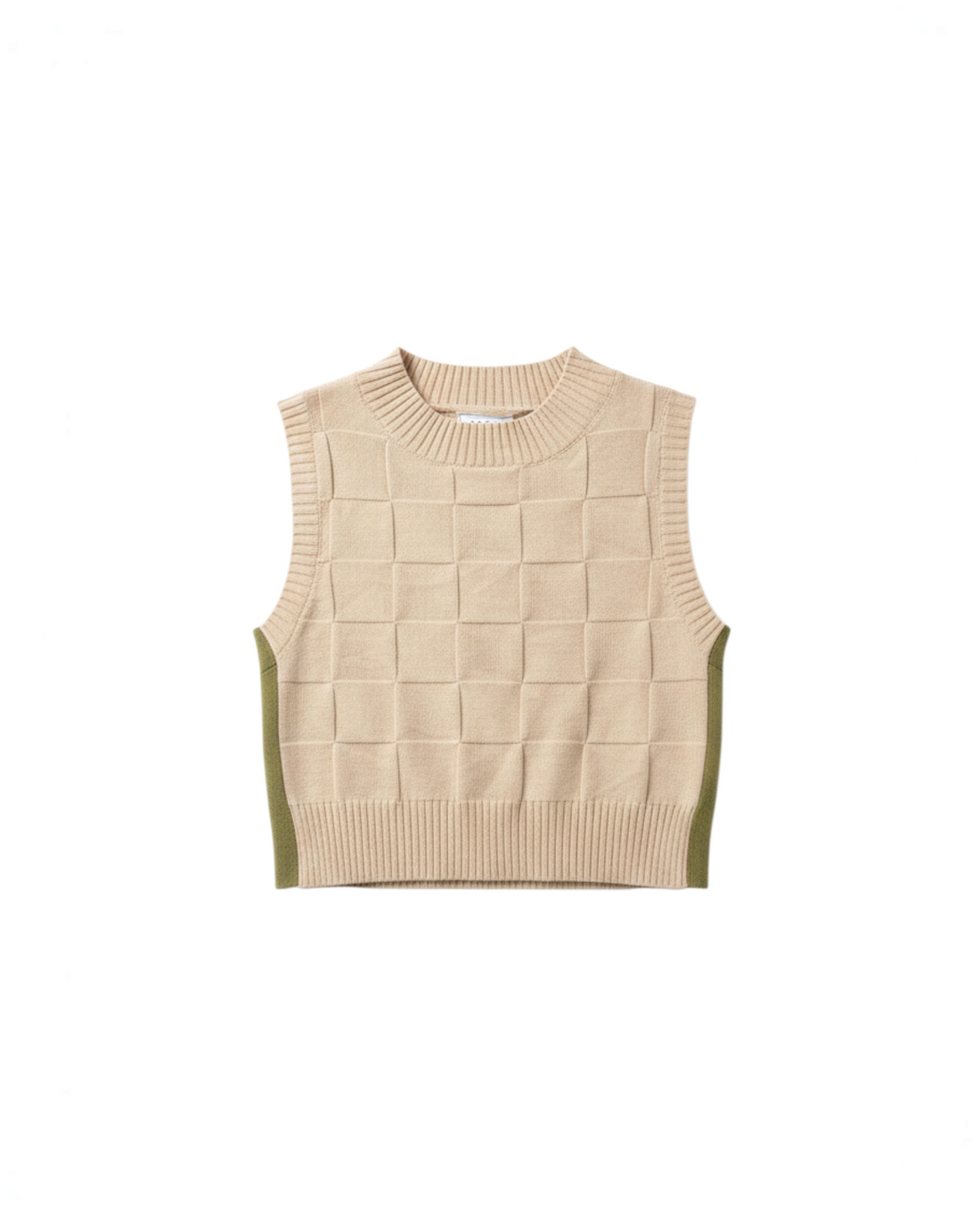 Crop top de punto Yanet Collective en color beige con textura de cuadros y paneles laterales en contraste verde.
