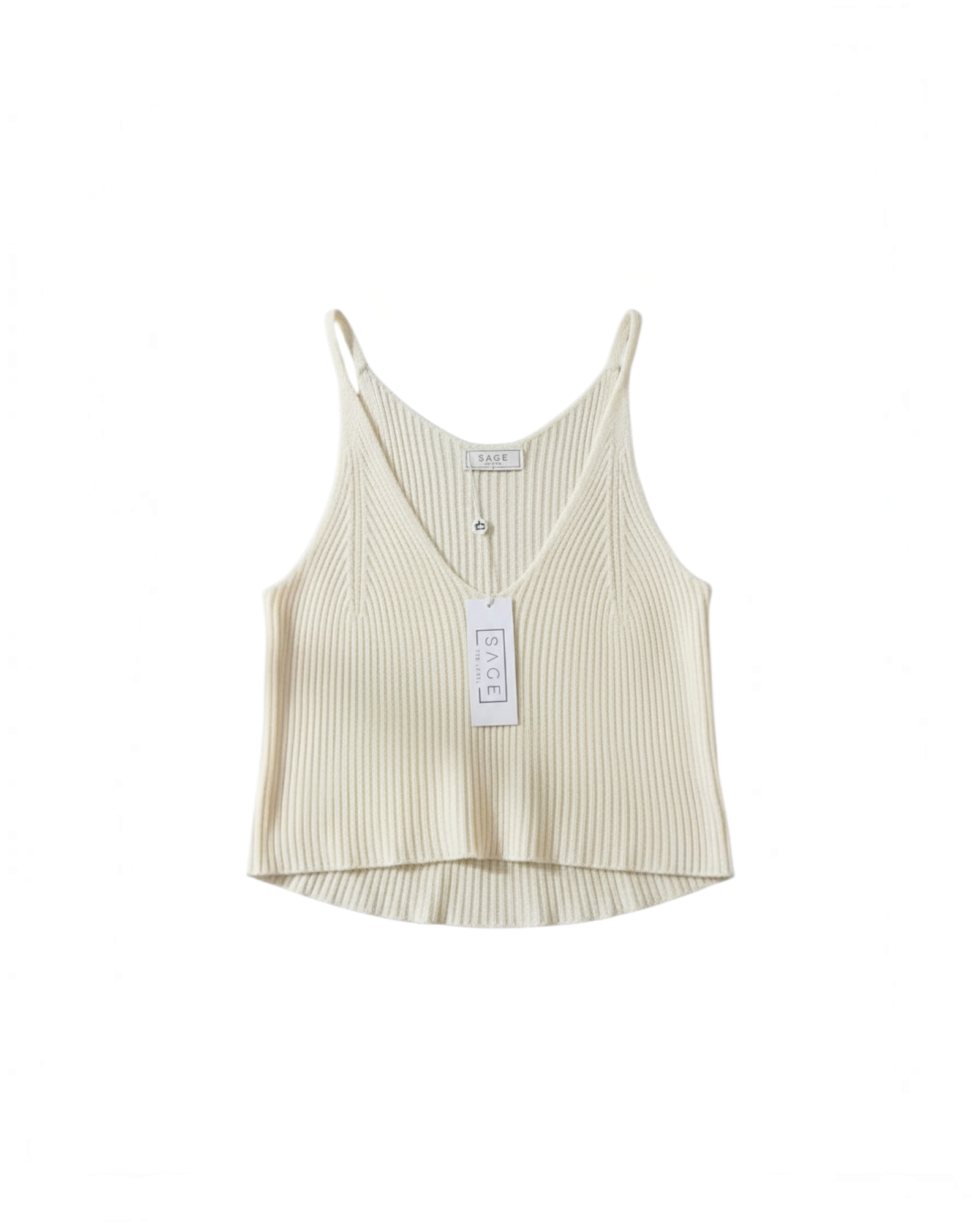 Top de punto Yanet Collective color crema con escote en V, tirantes finos y textura acanalada elegante