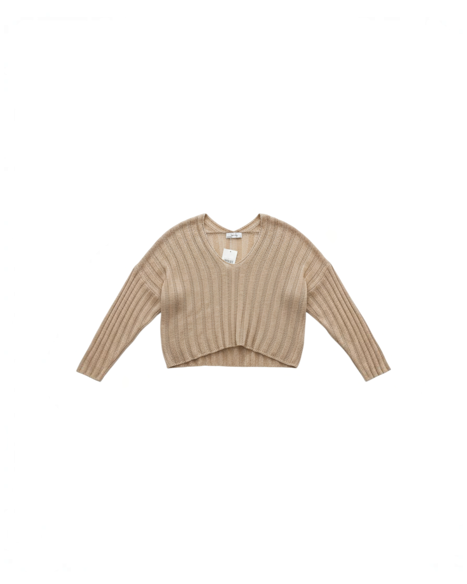 Suéter de punto Yanet Collective color beige con cuello en V, textura acanalada y corte relajado de manga larga